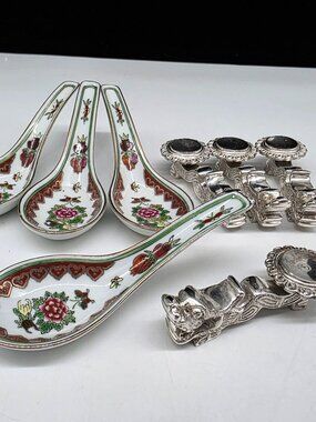 Chinese Porcelain Soup Spoons With Silverplated Dragon Rests Floral Heart Set